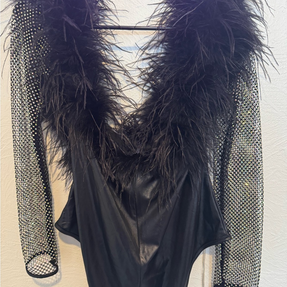 Off shoulder Bodysuit Crystals and feathers Plus